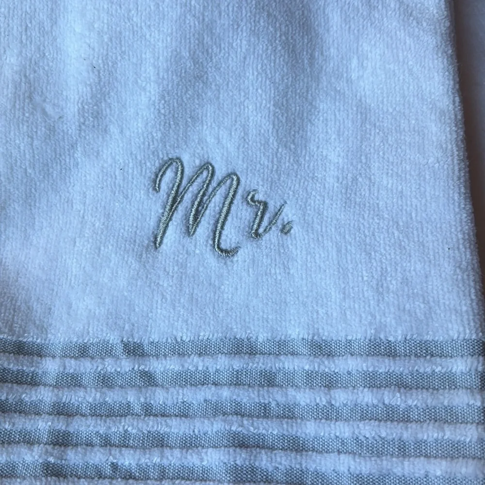 White Mr. & Mrs. Velour Sonoma Hand Towels. 16 x 23 inches